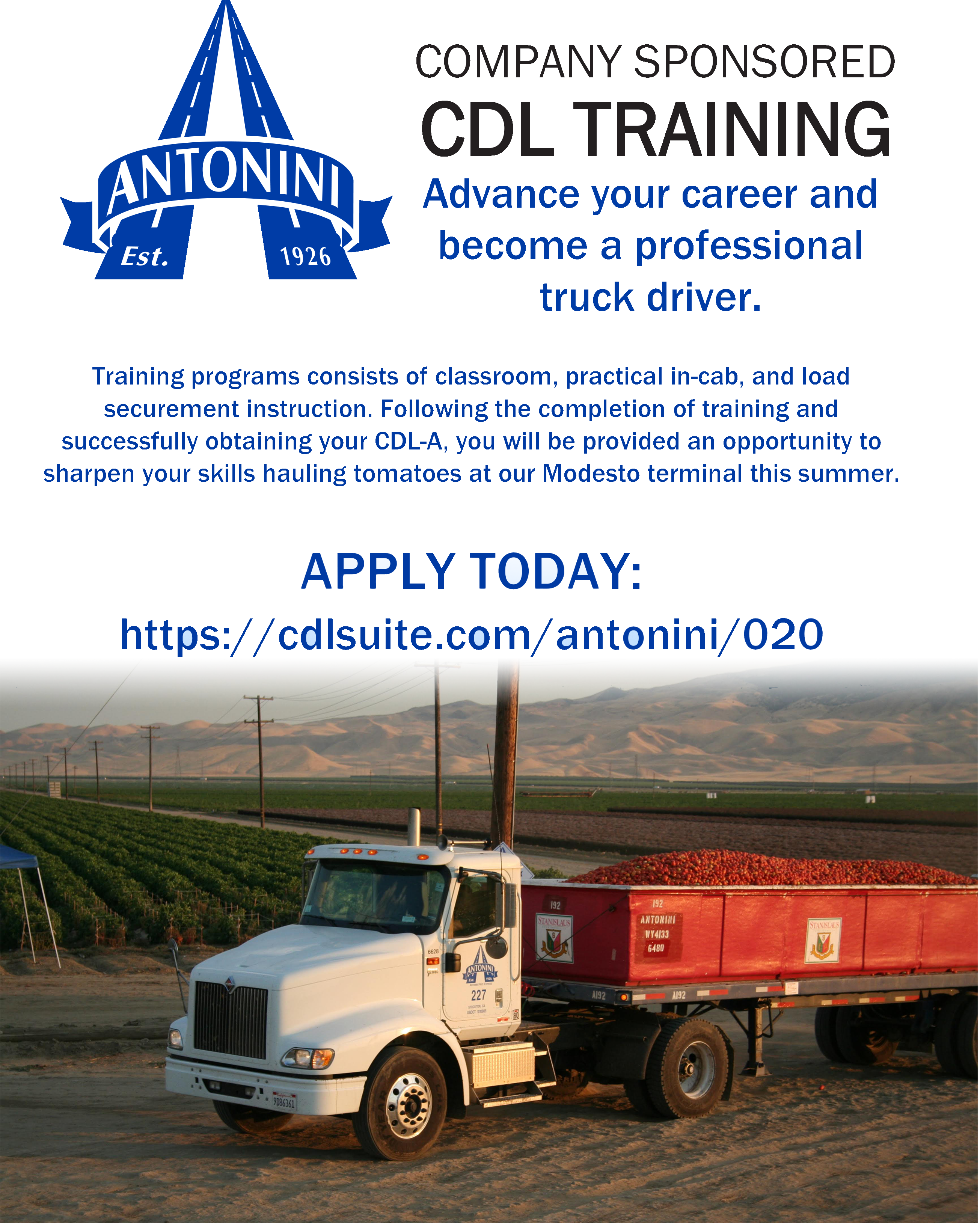 Semi-truck with tomatoes in field with caption "Company Sponsored CDL Training Apply Today"