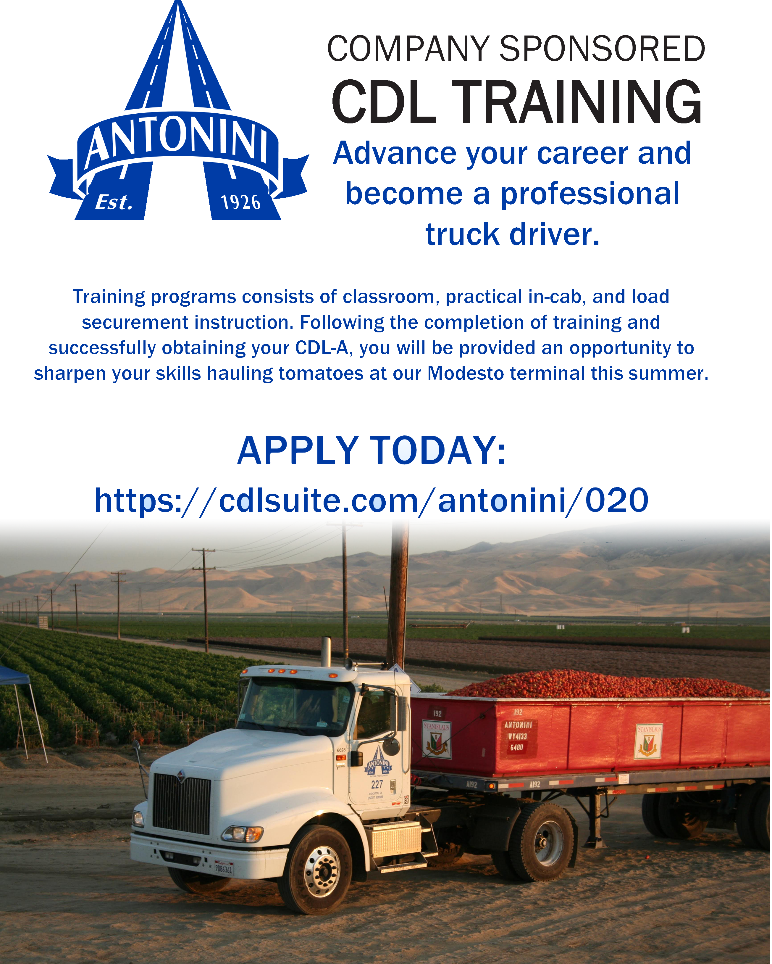 Semi-truck with tomatoes in field with caption "Company Sponsored CDL Training Apply Today"